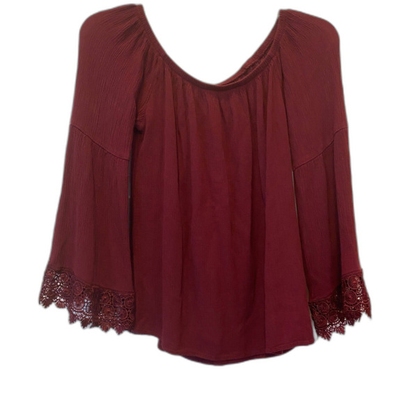 Boho Peasant Blouse M Sculptured Lace Bell Sleeves Burgundy Elastic Neckline - Picture 2 of 6